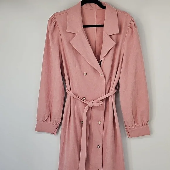 Elegant Salmon Pink Corduroy Double Breast Puff Sleeved Mermaid‎ Hem Dress - Picture 6 of 14